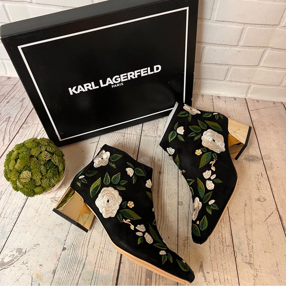 Karl Lagerfeld Harlow Suede Floral Embroidered Bootie Ankle Boots 9 Black Green - Picture 1 of 16